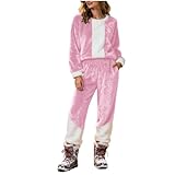 Oplxuo Christmas Outfits for Women Color Block Fuzzy Fleece Sweatsuits Crewneck Long Sleeve Pockets Plush Lounge Outfits