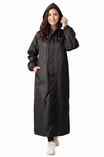 Image of Women's Waterproof Rain Coat, Black, Full Length, Polyester, Adjustable Hood, Side Pockets, Free Size