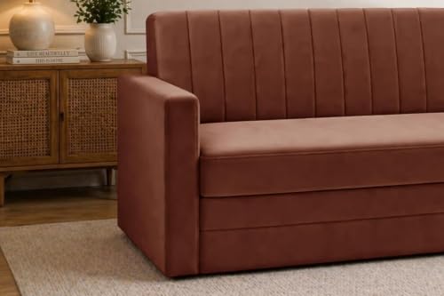 Image of Modern Velvet 3 Seater Sofa Cum Bed with Armrest, Convertible Sleeper Couch Sofa for Living Room, Bedroom & Office - Brown Color