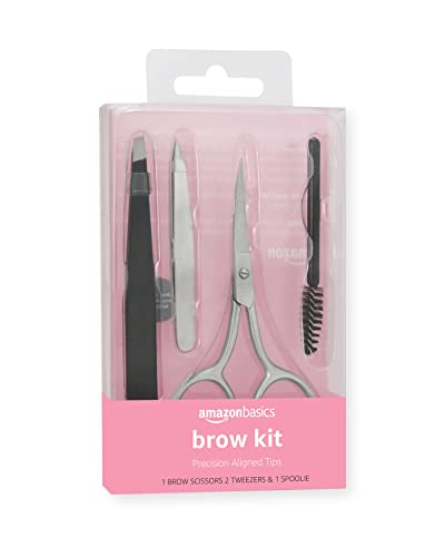 Image of Amazon Basics 4-Piece Eyebrow Grooming Kit with Scissors, Tweezers, Spoolie Brush for Shaping at Home, Black