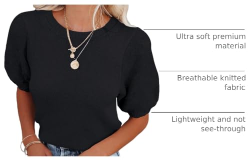 Image of Womens Short Sleeve Sweaters Crewneck Knit Pullover Tops 2025 Summer Casual Lightweight Crochet Blouse Shirt