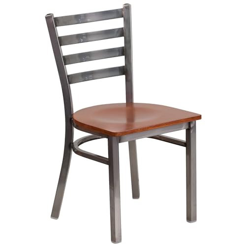 Image of Flash Furniture 2 Pk. HERCULES Series Clear Coated Ladder Back Metal Restaurant Chair - Cherry Wood Seat