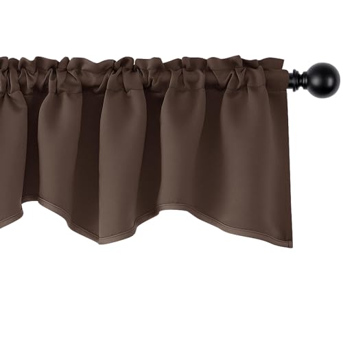 Deconovo Scalloped Window Valance, Kitchen Valances for Windows, Rod Pocket Blakcout Short Curtains for Living Room, Bedroom, Bathroom, Nursery, Cafe, Machine Washable, 42x18 Inch, 1 Panel, Brown