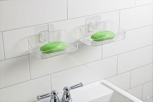 Image of Xmart India Self-Adhesive Soap Holder for Bathroom | Transparent Plastic Soap Stand with Self-Draining Design | bathroom organiser without drill & Bathroom Organizer Accessories Set (Pack of 2)
