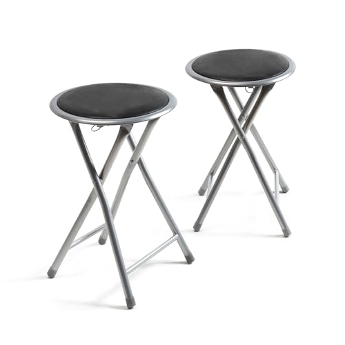 THE SECRET HOME - Taburetes Plegables de Aluminio - Silla de Metal y Asiento Acolchado - Ideal para Cocina, Terraza, Cámping, Oficina - Diámetro 30 x Alto 45 cm (2, Negro, Ø30x45 cm)