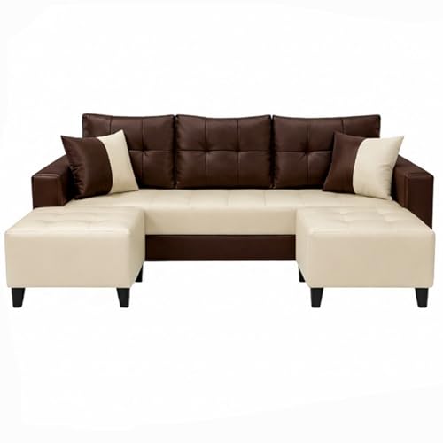 Image of SLEEPIFY Harlon Leatherette Fabric 3 Seater Sofa Set with 2 Ottoman (Cream - Dark Brown) | Comfortable & Spacious Seating | Modern Sofa Set for Living Room | Soft Touch Upholstery