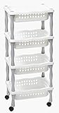 Cestelli in colore bianco supportati da aste tubolari verticali in colore grigio.