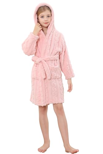 Umeyda Girls Bathrobe, Cute Comfy Soft Fleece Hooded Bath Robe With Belt Pockets, Twist Pink, M2