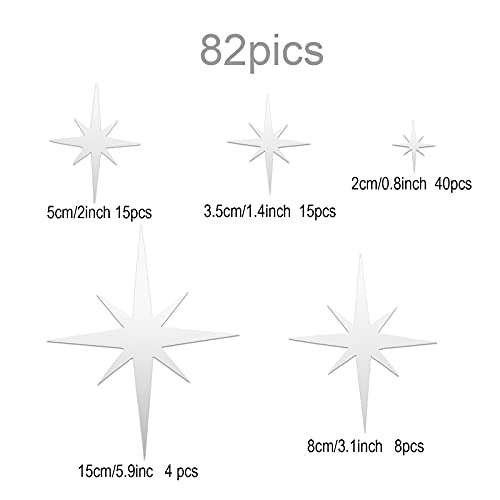 82 Pieces Removable Mirror Wall Stickers 3D Acrylic Mirror Setting Wall Sticker Decal For Home Living Room Bedroom Decor (Silver, Star Style) #TOP3