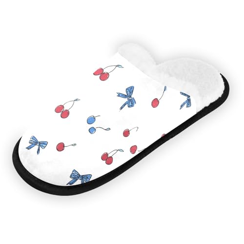 Blue Bow Cherries Cute Slippers For Women Men Soft Memory Foam Non-Slip Bow Winter Indoor House Shoes Travel Slipper2