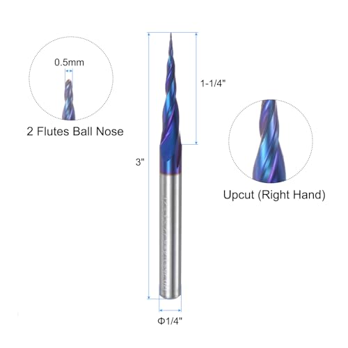 QUARKZMAN Kegelförmiger Kugelnasenfräser CNC-Fräser-Bit, 0,25 mm Radius 1/4 Schaft Vollhartmetall beschichtetes Aufwärts-Spiral-2-Schneiden-Fräswerkzeug, 0,5 mm Durchmesser 3 Gesamtlänge
