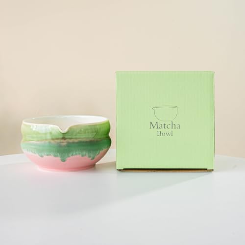 YlobdolY Matcha-Schüssel aus Keramik mit Ausgießer handgefertigt Aquarell glasiertes Porzellan traditionell japanische Tee-Rührschüssel mit Geschenkbox zum Schlagen von Matcha Rosa/Grün