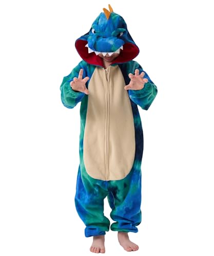 Solvienne Kids Dinosaur Animal Onesie Zip Up Flannel One Piece Pajamas with Pockets for Boys and Girls Halloween Costume Cosplay Loungewear