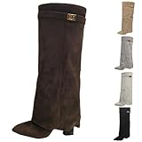 Bottes hautes pour femme   Bottes à tige large   Talon plateforme   Talon compensé   Tige longue   Pliage au dessus du genou   Talons hauts   Hiver   Chaud   Cuir   Mode   Confortable   Dressy, marron