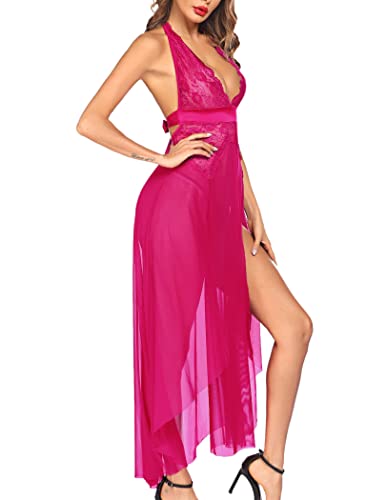 Image of SSoShHub Women Lingerie Deep V Neck Nightwear One Piece Sexy Nightgowns Mosaic Lace Mesh Dress