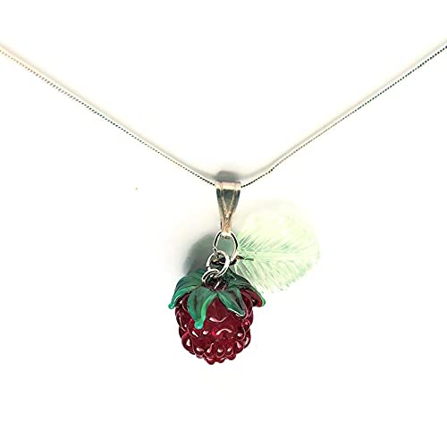 EnchantedBeadsRealistic Raspberry Red Fruit Lampwork Light Green Glass Leaf Pendant Silver Filled Snake Chain Necklace