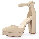Ankis Platform Closed Toe Heels for Women, Nude Womens Heels Closed Round Toe Chunky Block Pumps Shoes, 4 Inch