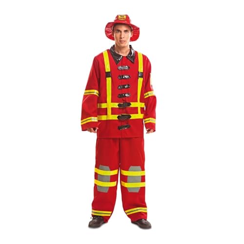 My Other Me - Disfraz para hombre adulto de Bombero rojo con sombrero, chaqueta y pantalón talla XL. Perfecto para destacar en cualquier fiesta temática de héroes.