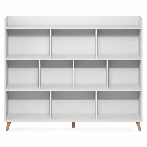 Image of Furinno Claude Book Shelf, 10-Cube Mid Century Style Bookshelf, Bookcase, Storage Organizer with Wood Legs, 9.4 inch x 55.1 inch x 45.1 inch, for Living Room, Bedroom, Home Office, White