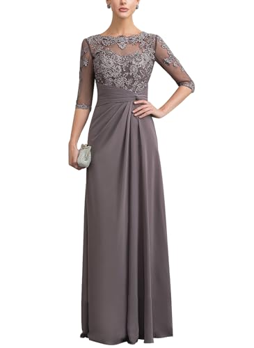 Women's Lace Mother of The Bride Dresses for Wedding Chiffon Ruched Long Formal Evening Dress with Sleeves3