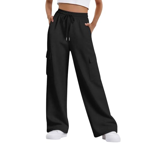 Zilams Pantalon Deporte Mujer Largo Pantalones Chandal con Bolsillos y Elástica Cordón Pantalones Elasticos Casual para Yoga Jogger Fitness Negro L