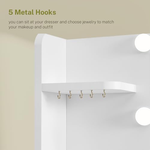 Image of Quimoo Vanity Desk with Mirror and Lights, Makeup Vanity with Power Outlet and 4 Drawers & 6 Shelves & 5 Hooks, 3 Color Modes & Adjustable Brightness, White Vanity for Bedroom