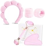 CUBACO Spa Headband and Wristband Set for Women with Ice Jade Roller and Gua Sha, Skin Care Set Tools Puffy Makeup Headband Teen Girl Gifts Trendy Stuff Hair Accessories for Women