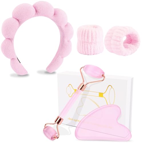 CUBACO Spa Headband and Wristband Set for Women with Ice Jade Roller and Gua Sha, Skin Care Set Tools Puffy Makeup Headband Teen Girl Gifts Trendy Stuff Hair Accessories for Women