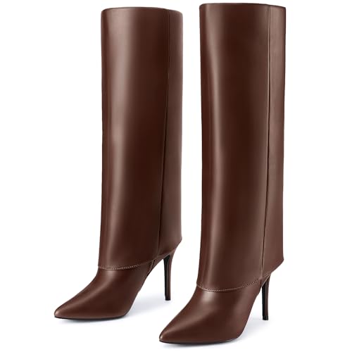 Allegra K Allegra K Knee High Boots Women Pointed Toe Stiletto Heel Shark Boots Brown Fold Over Boots for Women 7.5 M US