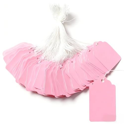 Writable Price Labels Tag Stickers Display Tags with Hanging Strings Quick Identification & Reusable Item Organization for Clothing Jewelry Gifts (Pink 100)