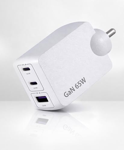 Image of BlueRigger 65W 3-Port GaN Charger PD QC3.0 QC4.0 PPS Fast Charging Compact Adapter for All MacBook Series and laptops with USB C Charging Port (White)