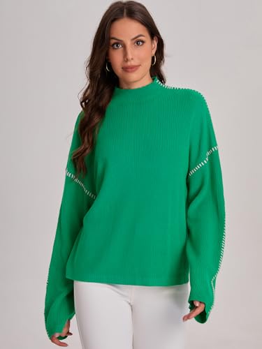 Image of Bloggerlove Womens Oversized Sweaters Long Sleeve Mock Neck Color Block Chunky Knit Casual Pullover Sweater Fall Tops 2024