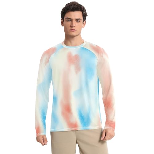 CHIFIGNO Mens UPF 50+ UV Protection Men's Rash Guard Quick Dry Men Rash Guard Long Sleeve Athletic Workout Tshirts, Pink Blue Tie Dye, Small
