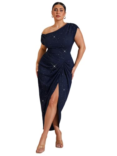 Image of Floerns Women's Plus Size Asymmetrical Neck Long Dress Ruched Slit Hem Cocktail Dress