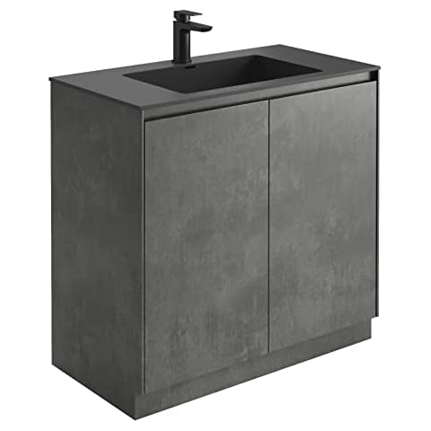 Urban Grey Bathroom Sink Unit | Vanity Unit & Black Basin | Floorstanding Storage Unit | Storage Cabinet | Soft Close Doors | 900mm Cover