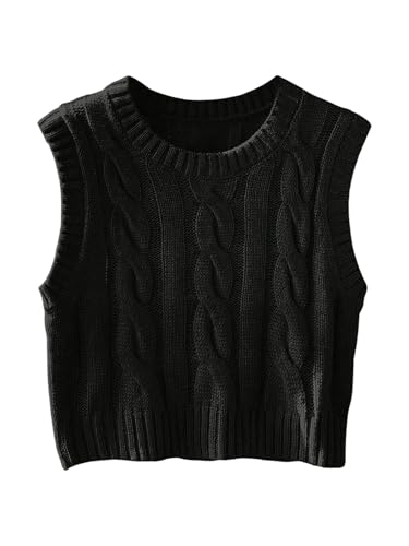 Milumia Women's Cable Knit Crew Neck Sweater Vest Cropped Top Sleeveless Ribbed Crop Tank Top