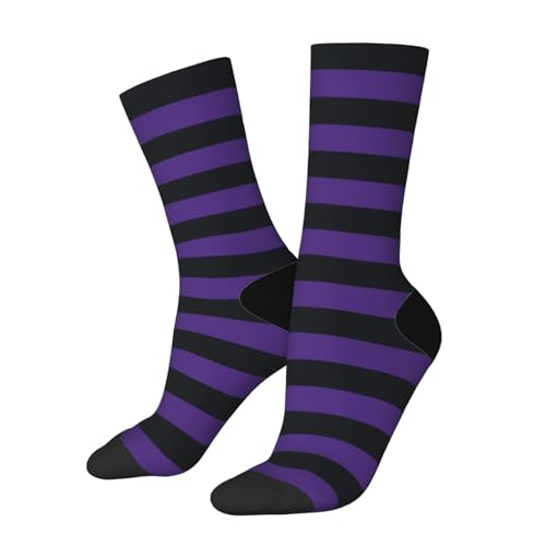 Nezweld Purple and Black Striped Novelty Crew Socks Funny Halloween Athletic Crazy Dress Socks Gift For Men Women