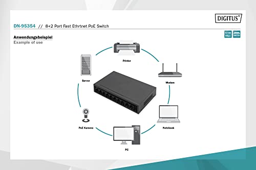 Digitus Switch Di Rete Poe - 10 Porte - Fast Ethernet - Non Gestito - 8 Porte RJ45 Poe + 2X RJ45 Uplink - 60W Poe Budget - Modalità Cctv - 10/100 Mbit/S - Nero - 3