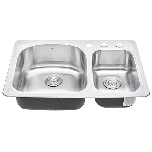 Cozyblock 33 X 22 X 8 Inch 70/30 Offset Top-Mount / Drop-In Stainless Steel Double Bowl Kitchen Sink With Strainer And Protective Bottom Grid - 18 Gauge Stainless Steel-3 Faucet Hole #TOP2