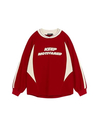 Vamtac Letter Graphic Crewneck Sweatshirts for Men Vintage Color Blocking Long Sleeve Casual Pullover Top
