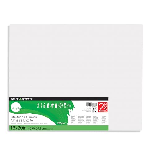 Daler-Rowney Simply Stretched Canvas - Paquete de 2 lienzos, 16 x 20 pulgadas, triple imprimación y grapado en la parte posterior, color blanco