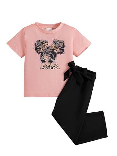Image of Kids Toddler Girl Clothes Letter Print Graphic Top and Belted Pants 2PC Summer Clothing Set