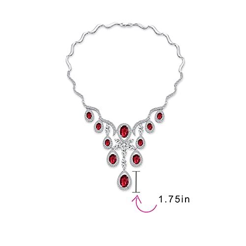 Bling Jewelry Vintage Style Bridal Prom Pageant Holiday Party Large Multi Teardrop Pear Shape Cubic Zirconia Simulated Red Ruby Aaa Cz V Collar Statement Bib Necklace For Women Silver Plated #TOP3