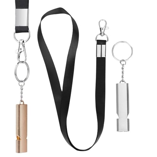 Emergency Whistle, 2PCS Premium Safety Survival Whistles with Lanyard Keychain, High Pitch Double Tubes for Hiking Camping Hunting Boating Rescue Signal Whistles Lifeguard Dog Training(Gold & Silver)