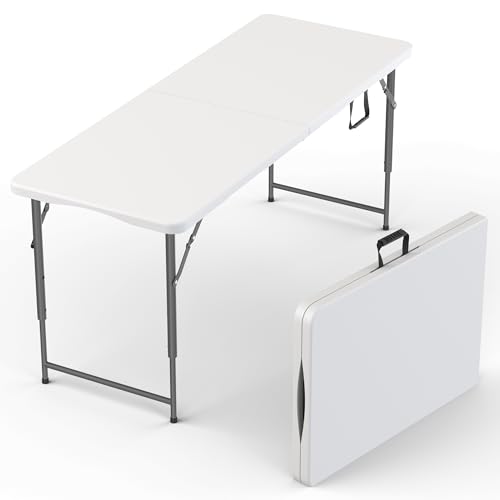 5.5 Feet ADJUSTABLE Foldable Table with Built in Handle & Steel Legs | 5.5FT Heavy Duty Folding Portable | Perfect for Party Dining Wedding Events Picnic Indoor Outdoor Camping Utility Folding