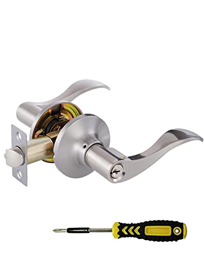 Entry Levers Wave Style with Keys, Exterior/Interior Satin Nickel Keyed Door Handles with Lock,Interior Door Locksets for Bath/Bedroom Entry Levers Wave Style with Keys, Exterior/Interior Satin Nickel Keyed Door Handles with Lock,Interior Door Locksets for Bath/Bedroom