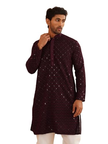 Sojanya (Since 1958 Men'S Cotton Contrast Embroidered Sequinned Purple Long Kurta