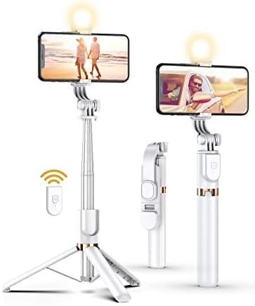 Selfie Stick Tripod with Detachable Wireless Remote, Extendable Selfie Stick Tripod with LED Fill Light, for iPhone 13/13 Pro/12/11/11 Pro/XS Max/XS/XR/X/8/7 and Android Smartphone
