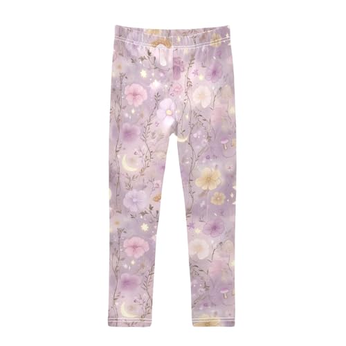Elegant Purple Flower Moon Girls Leggings Soft Stretch Workout Yoga Dance Pants for Kids Casual Tights