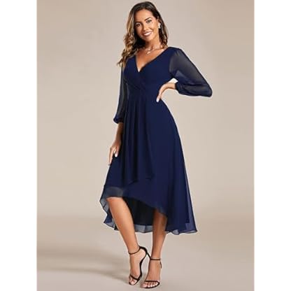 Ever-Pretty Women's Chiffon V Neck Long Sleeves Pleated A-Line Midi Length Wedding Guest Dress 01926 - Image 5